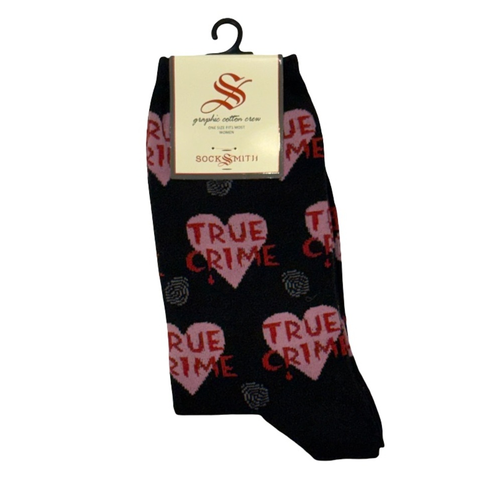 Women’s Black Crew Socks with Pink Heart 'True Crime' Motif by